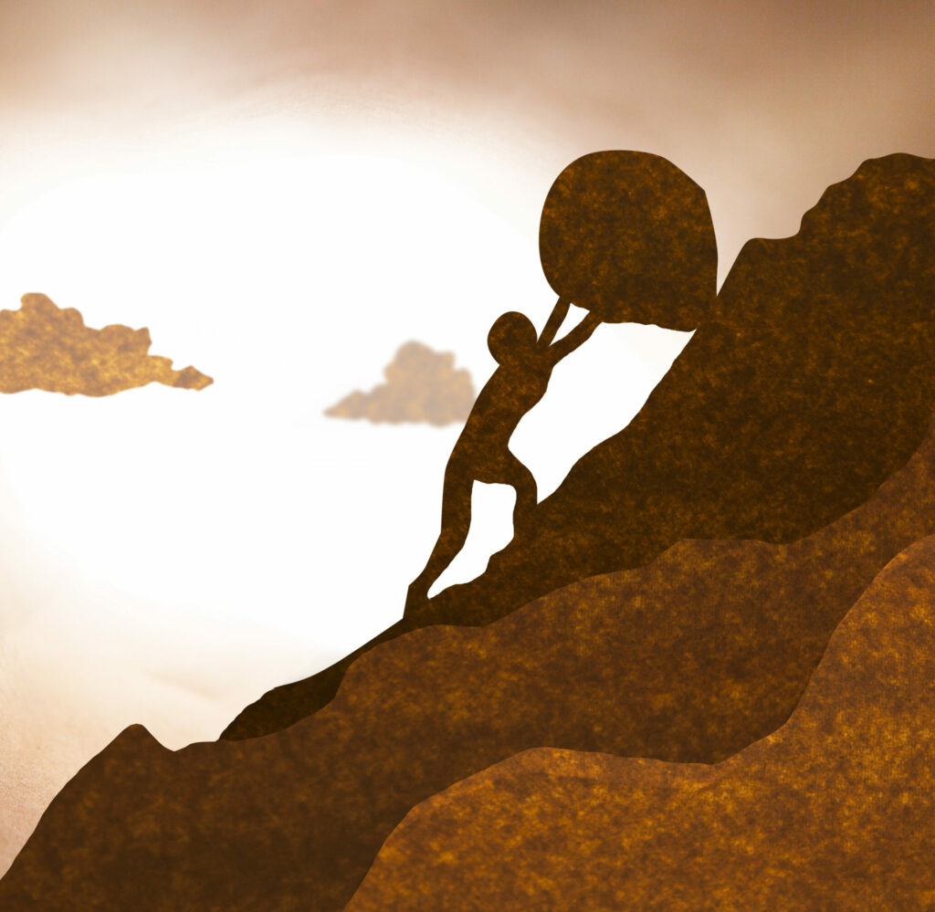 Businessman push large boulder up to hill. in brown paper silhouette style. By phloxii
