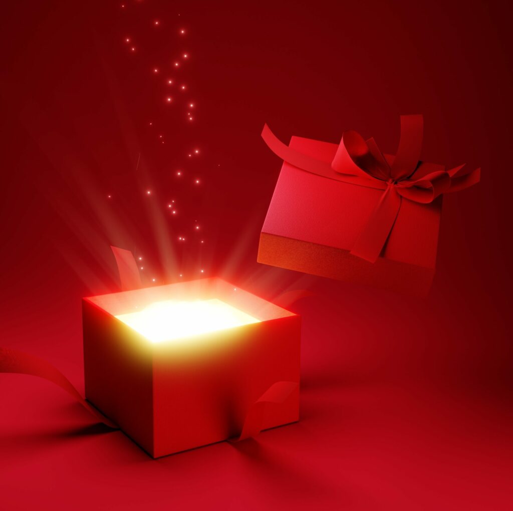 Open gift box with ray of light effect on red background. 3d rendering By aanbetta