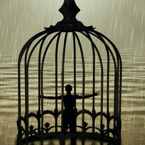 Man standing closed in a bird cage with wide opened hands in front of the ocean horizon in a rainy day. Life limitation, trapped in a prison concept By psychoshadow