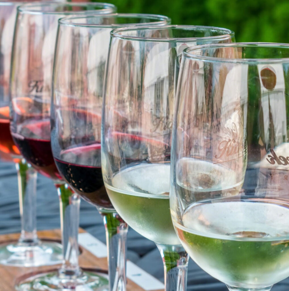 Wine tasting from sample glasses on a summer day By Kristen
