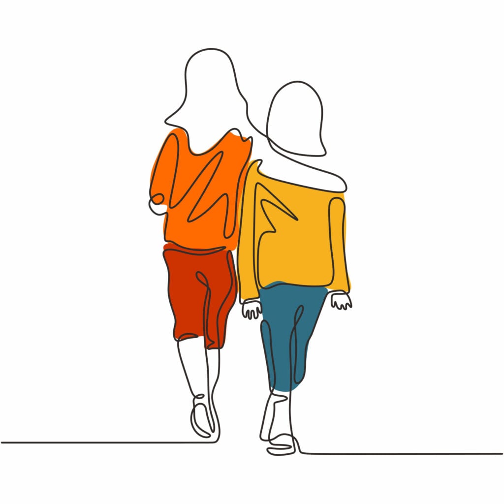 Continuous one line drawing of two girls walking. Concept of sisters share togetherness and love. Vector family and friendship metaphor. By ngupakarti