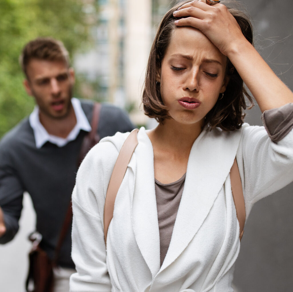 Breakup of couple with man and sad girlfriend outdoor. Divorce, couple, love, pain concept. By NDABCREATIVITY